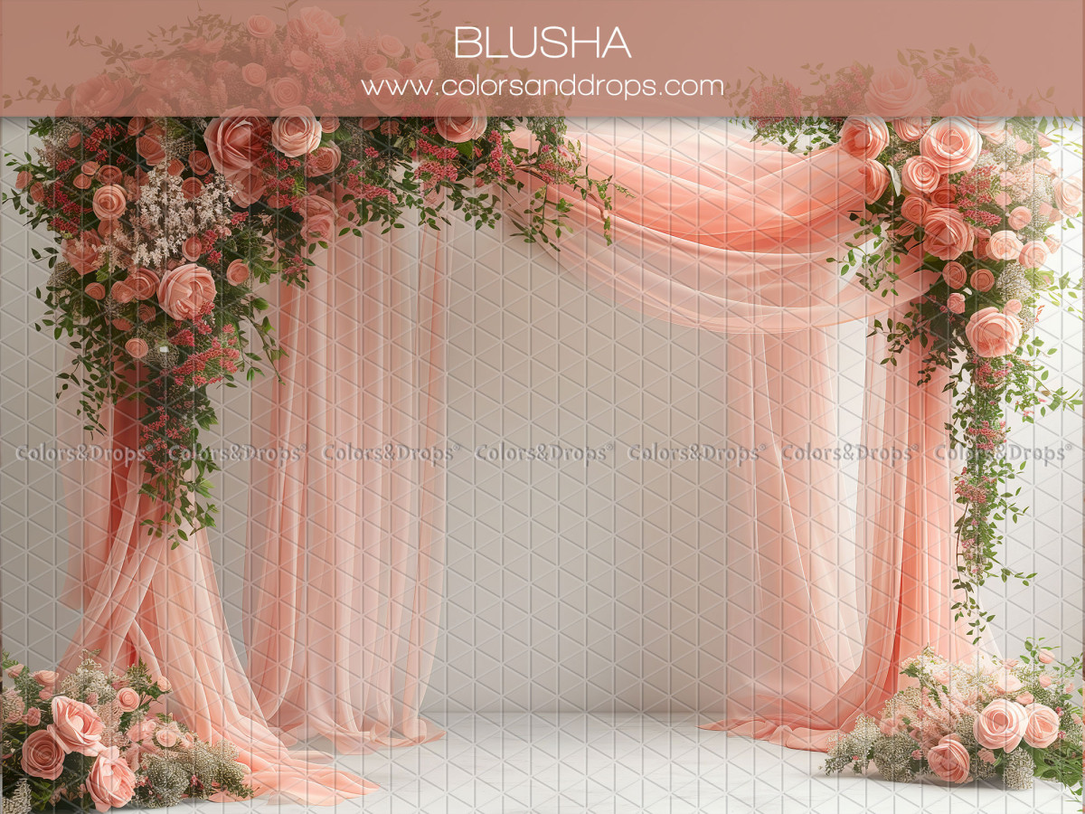 Fond photo communion Blusha – voilages pêche avec guirlandes de roses | Colors&Drops