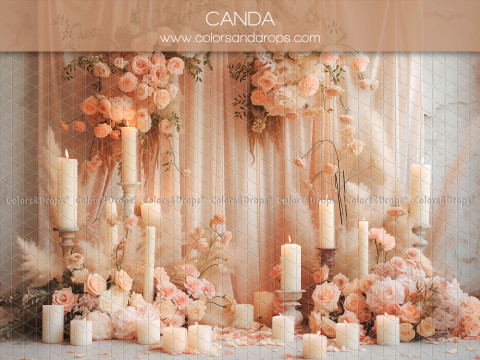 Communion photo backdrop Canda – cream curtains with candles and peach flowers | Colors&Drops