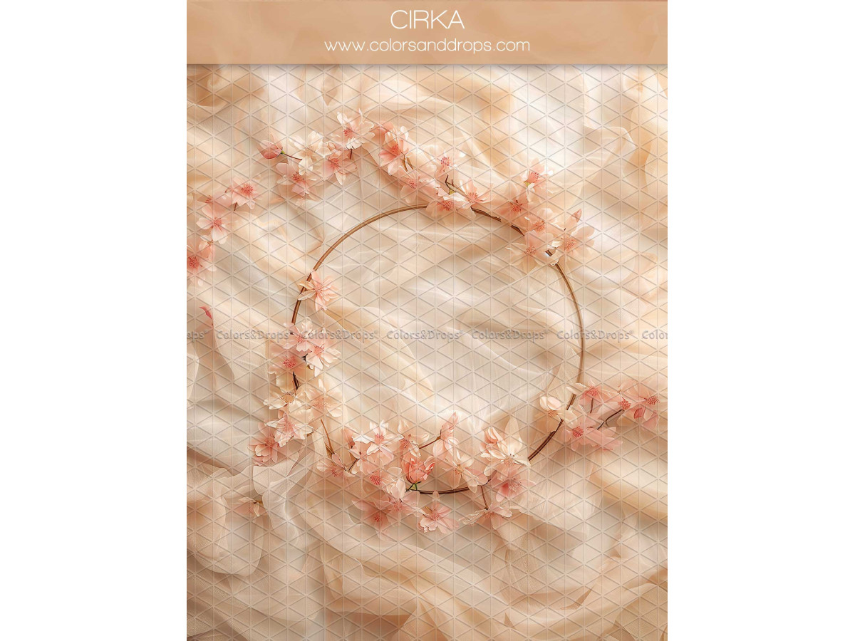 Fond photo grossesse et portrait Cirka – cercle de fleurs pêche sur tissu crème froissé | Colors&Drops