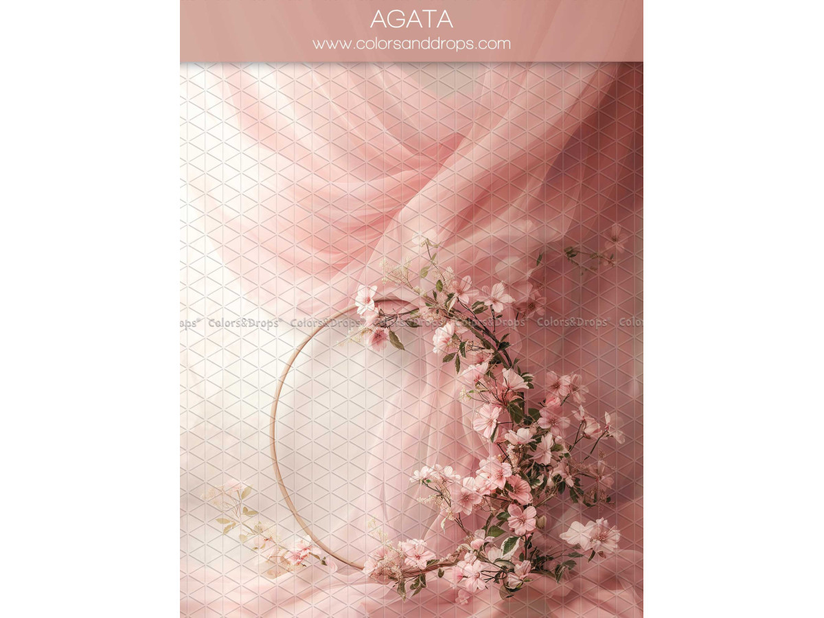 Fond photo grossesse et portrait Agata – cercle fleuri sur voilage rose drapé | Colors&Drops