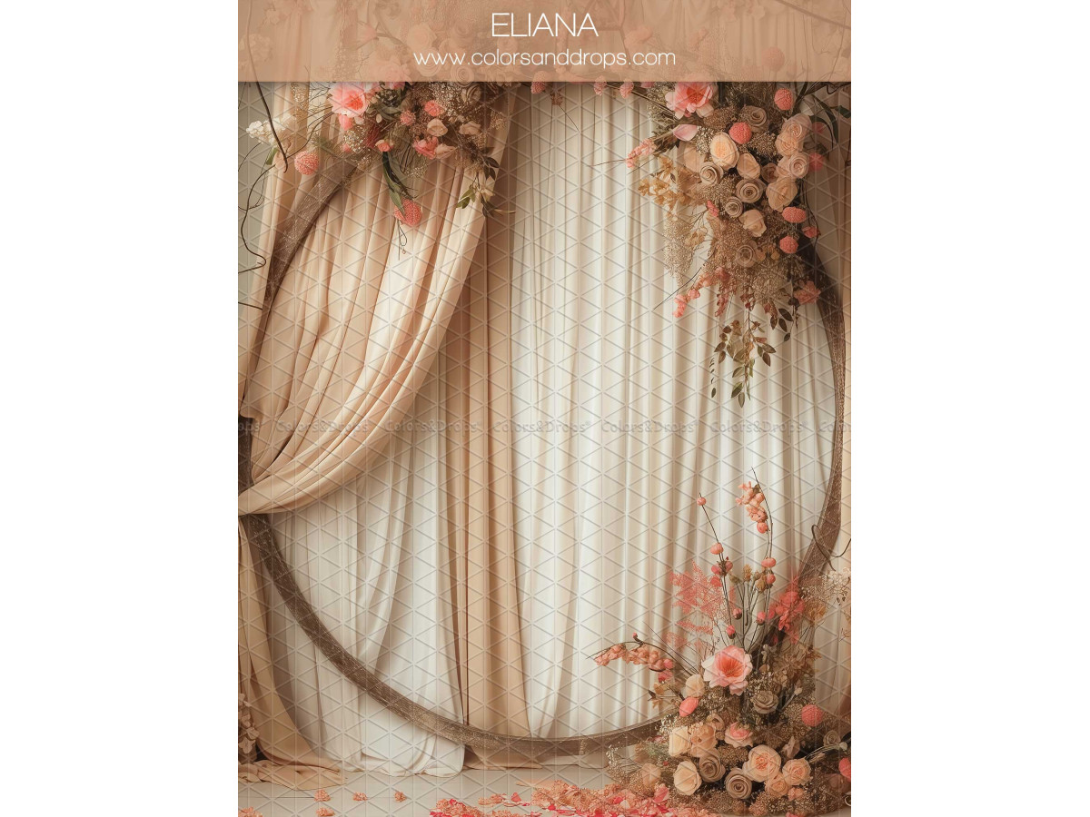 Fond photo grossesse et portrait Elinia – grand cercle fleuri devant rideaux crème | Colors&Drops