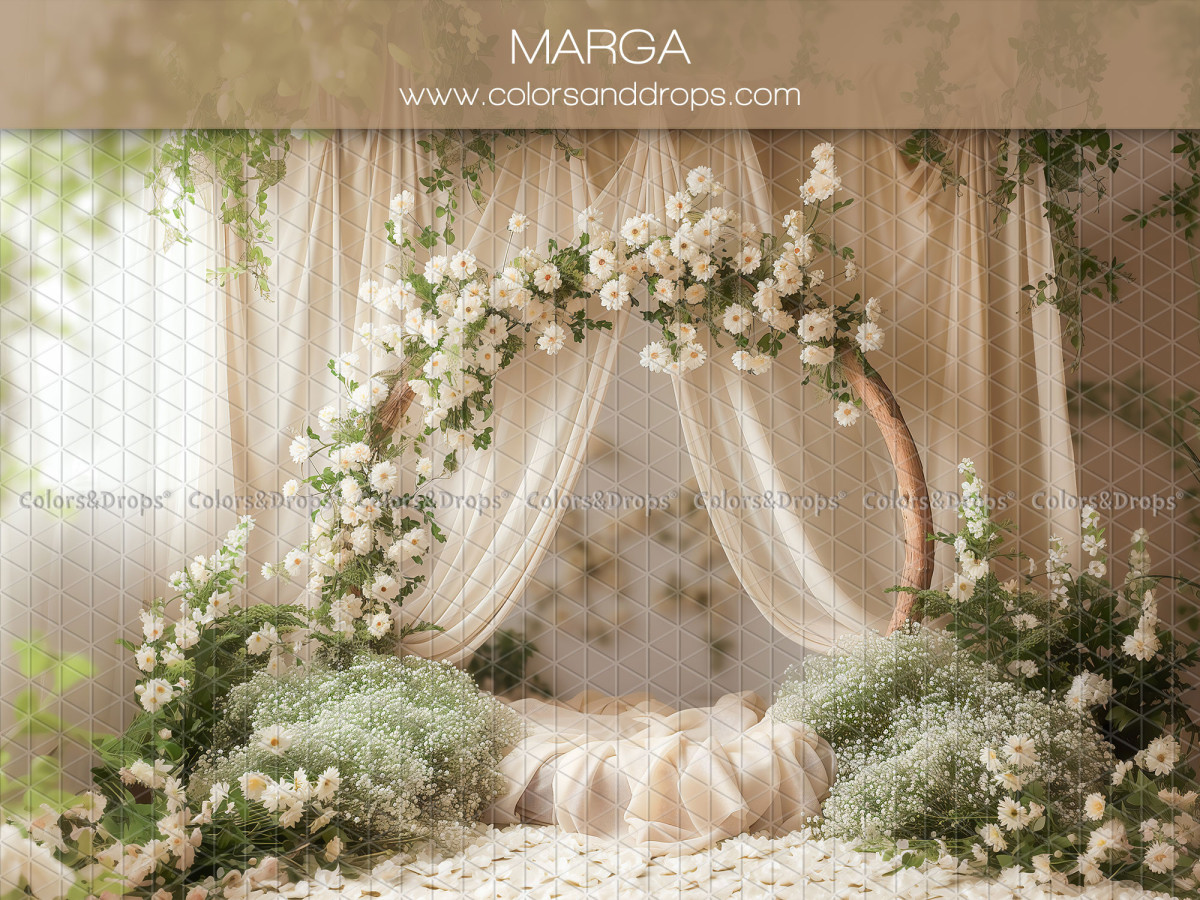 Fondo fotográfico de comunión Marga – arco de flores blancas con cortinas y vegetación | Colors&Drops