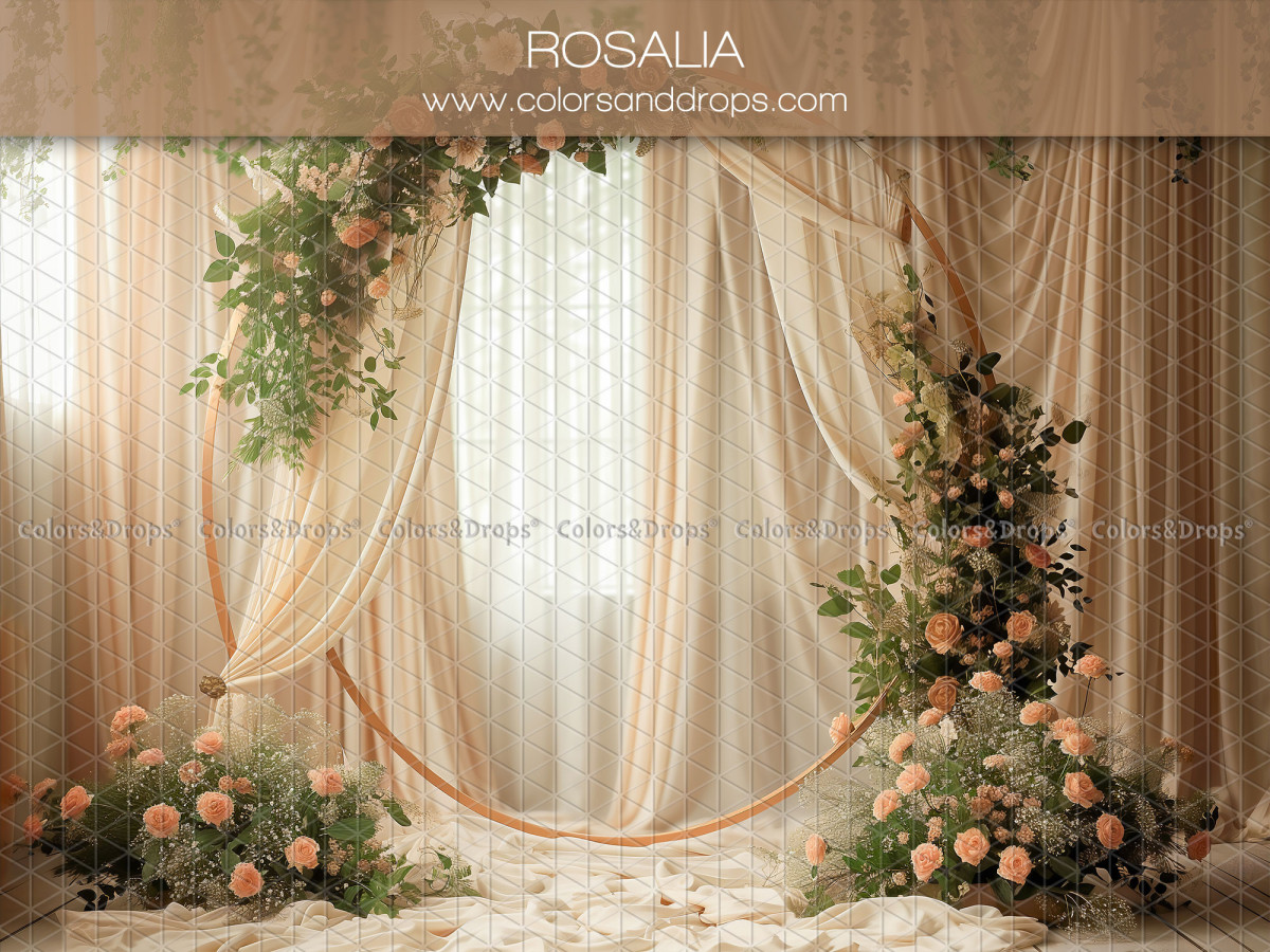 Fond photo grossesse et portrait Rosalia – cercle fleuri devant fenêtre et rideaux crème | Colors&Drops