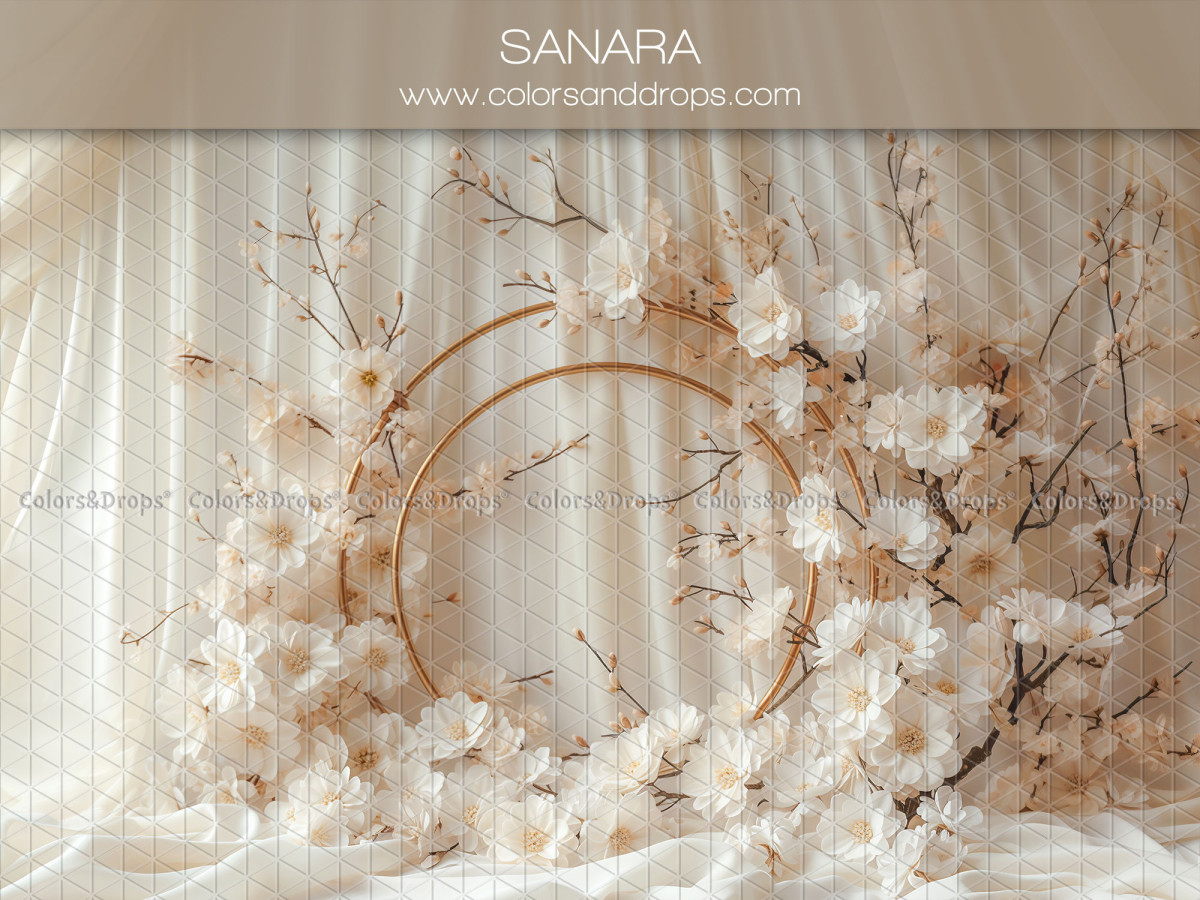 Fond photo communion Sanara – cercle avec branches de fleurs blanches et voilages | Colors&Drops