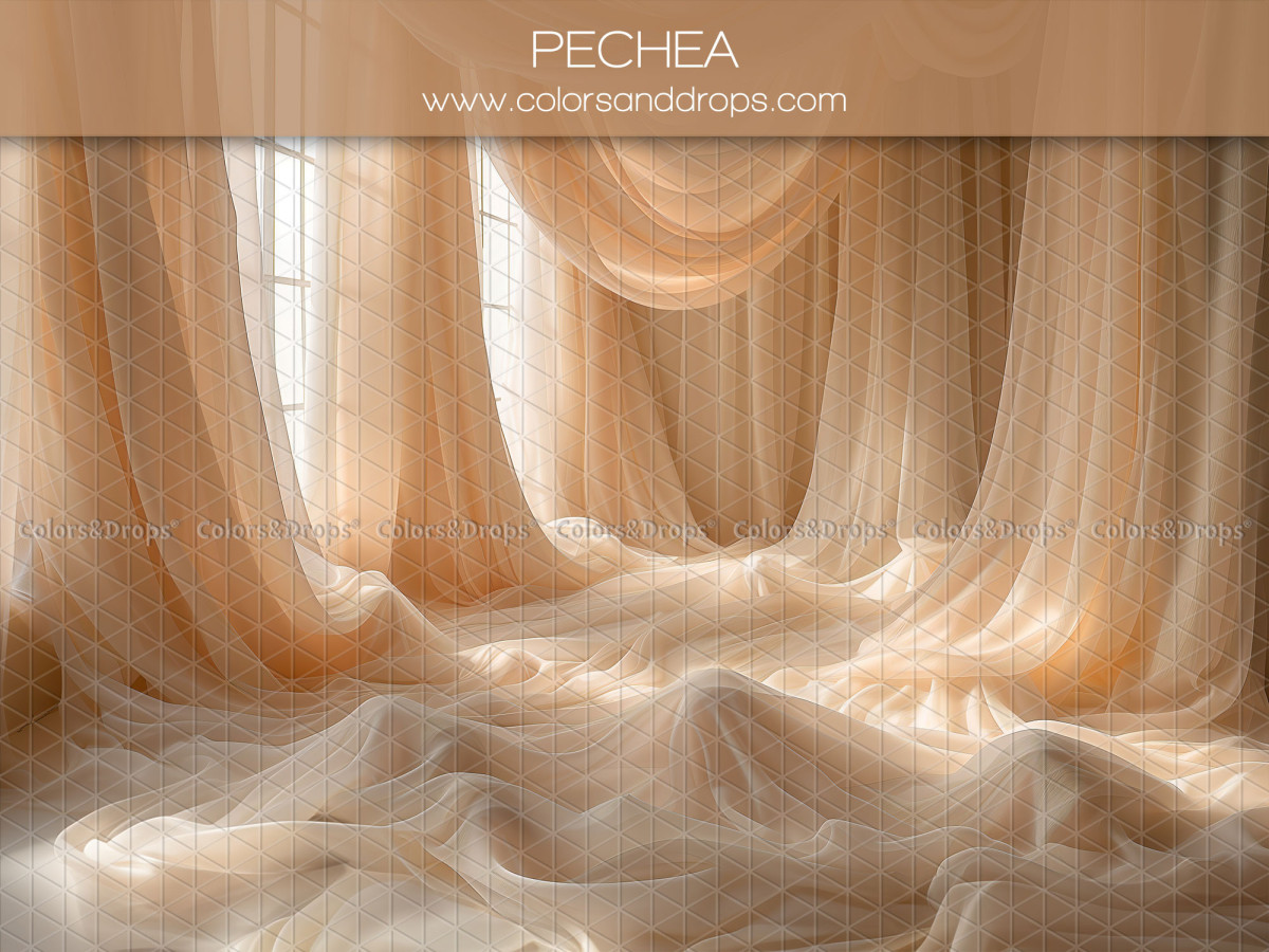 Fond photo grossesse et portrait Pechea – voilages pêche drapés dans une salle lumineuse | Colors&Drops