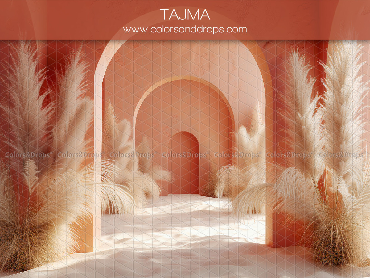 Fondo fotográfico de embarazo y retrato Tajma – pasillo de arcos terracota con pampa | Colors&Drops
