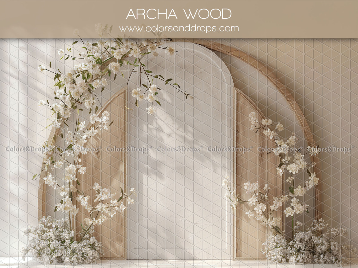 Fond photo grossesse et portrait Archa Wood – arches blanches avec branches de fleurs blanches | Colors&Drops