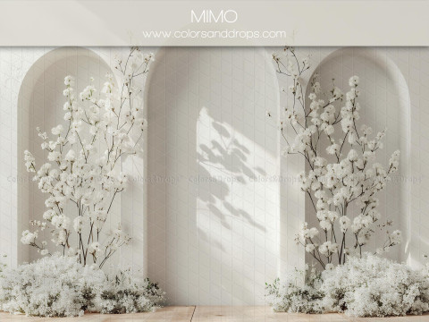 Fondo fotográfico de embarazo y retrato Mimo – nichos blancos con árboles de flores blancas | Colors&Drops