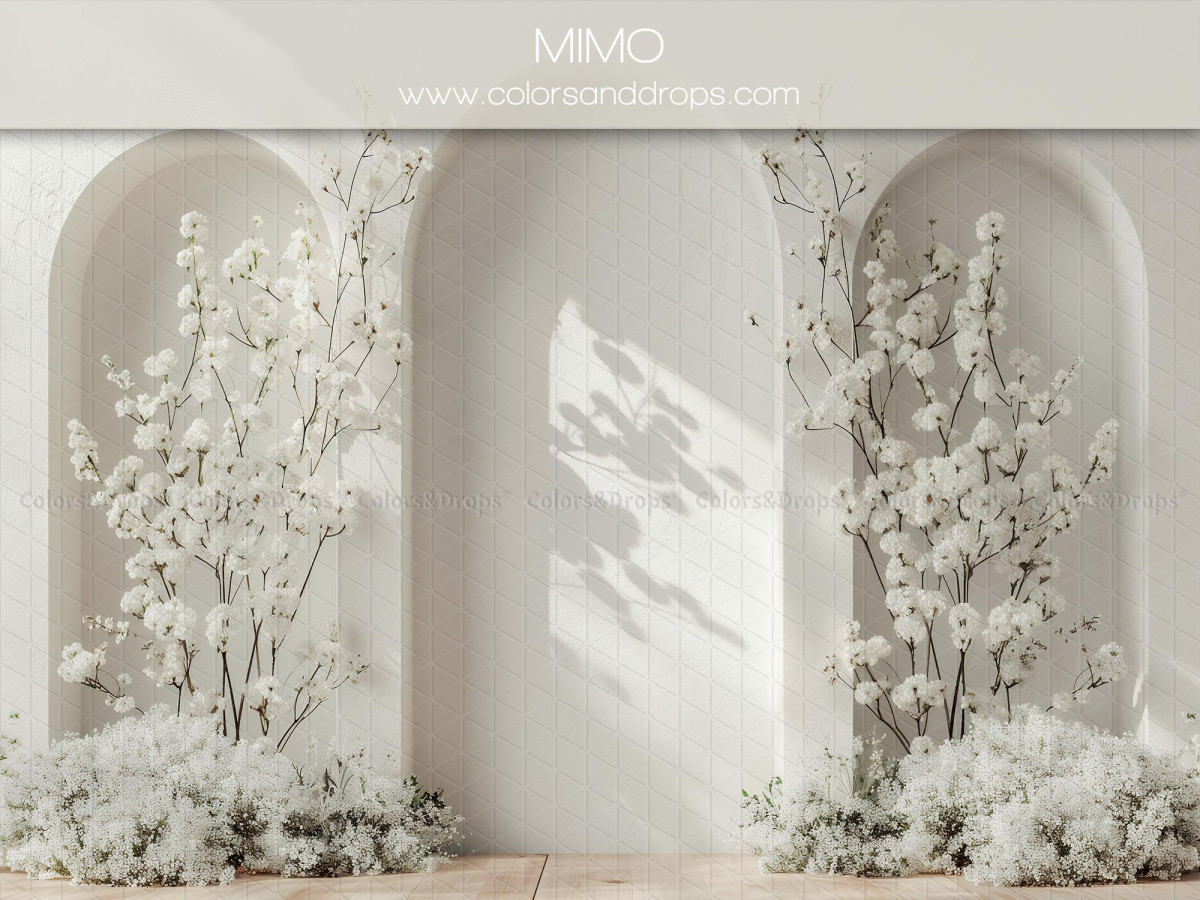 Fond photo grossesse et portrait Mimo – niches blanches avec arbres en fleurs blanches | Colors&Drops
