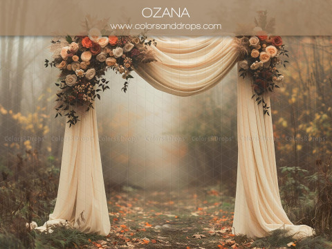 Communion photo backdrop Ozana – cream drape and flower arch in misty forest | Colors&Drops