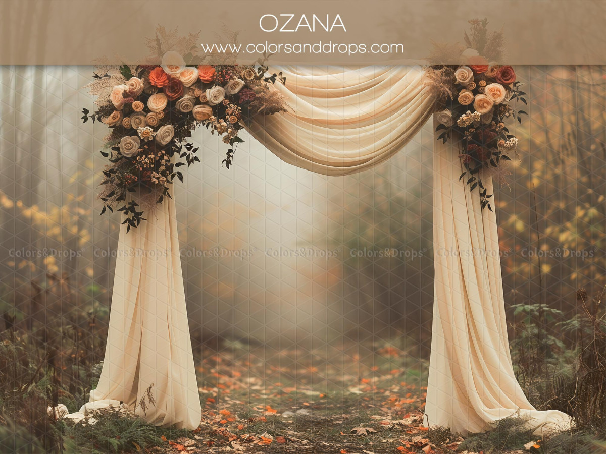 Communion photo backdrop Ozana – cream drape and flower arch in misty forest | Colors&Drops