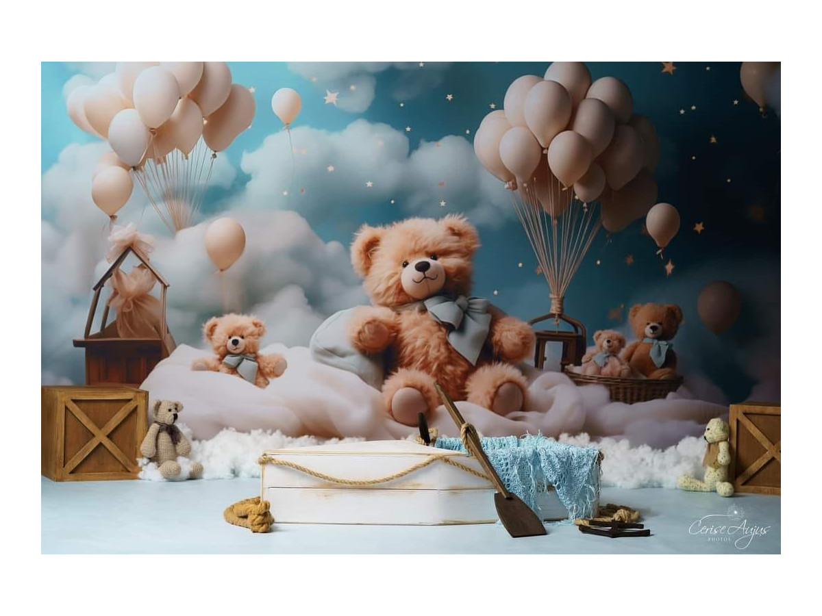 Baby & cake smash photo backdrop Dream Bears II – teddy bears on clouds with beige balloons | Colors&Drops