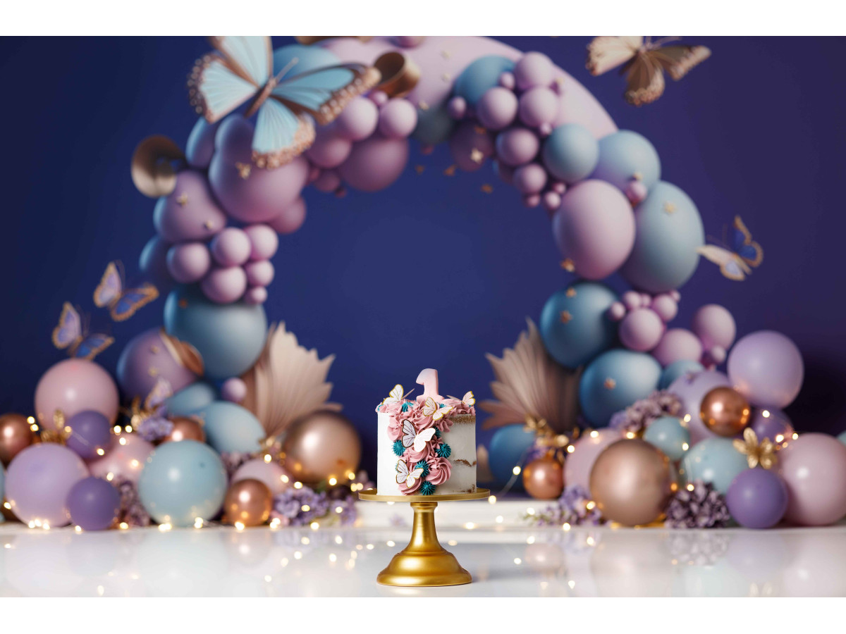 Baby & cake smash photo backdrop Orlena – pastel balloon arch with butterflies on indigo background | Colors&Drops