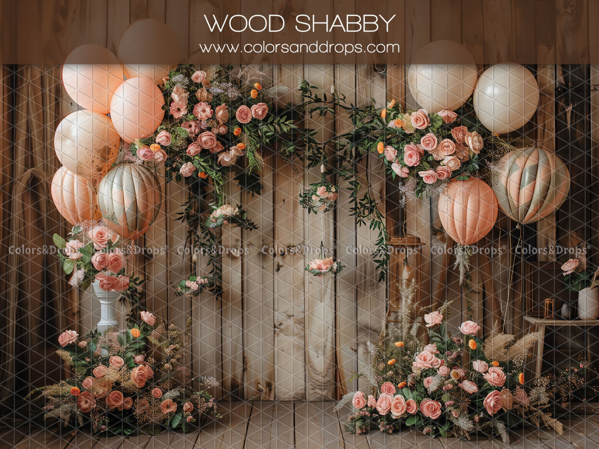 Baby & cake smash photo backdrop Wood Shabby – wooden wall with peach balloons and roses | Colors&Drops