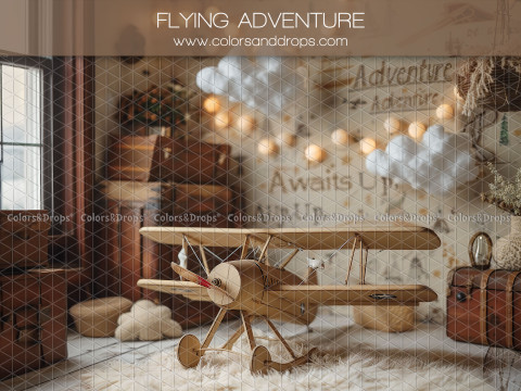Fondo fotográfico de bebé y smash cake Flying Adventure – avión de madera vintage con maletas y guirnalda de | Colors&Drops