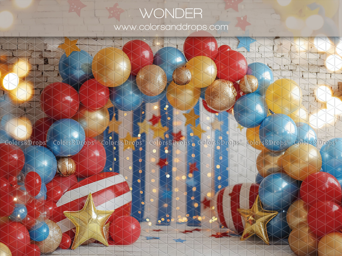 Fondo fotográfico de bebé y smash cake Wonder – globos rojos, azules y dorados con estrellas | Colors&Drops