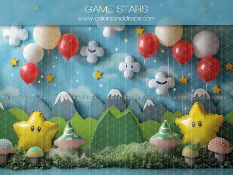Fondo fotográfico de bebé y smash cake Game Stars – decorado de videojuego con estrellas, setas y globos | Colors&Drops