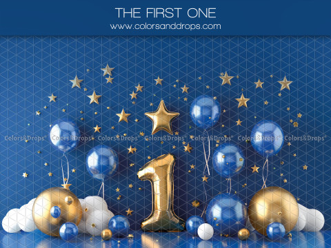 Fondo fotográfico de bebé y smash cake The First One – globos azules y dorados con número 1 y estrellas | Colors&Drops