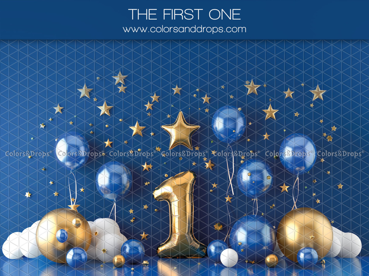 Fondo fotográfico de bebé y smash cake The First One – globos azules y dorados con número 1 y estrellas | Colors&Drops
