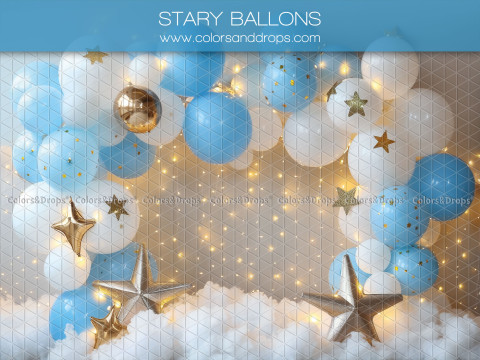 Fondo fotográfico de bebé y smash cake Stary Ballons – globos azules y blancos con estrellas y guirnalda de luces | Colors&Drops