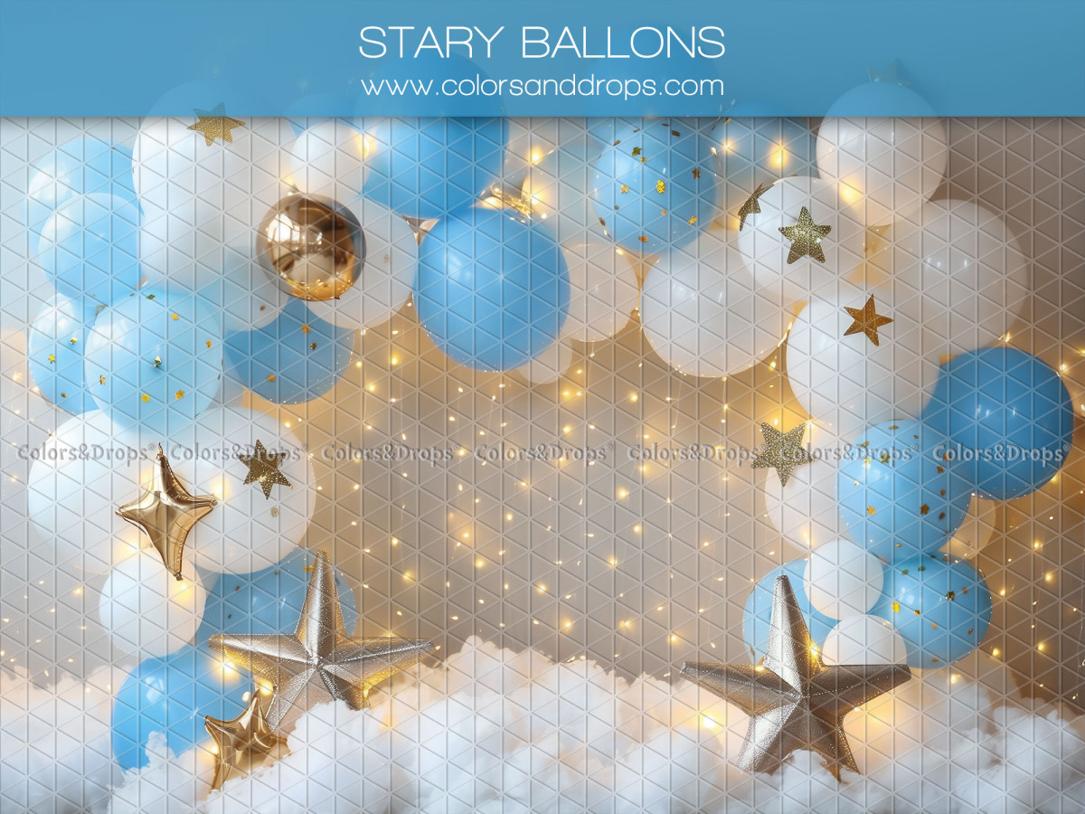 Baby & cake smash photo backdrop Stary Ballons – blue and white balloons with stars and string lights | Colors&Drops