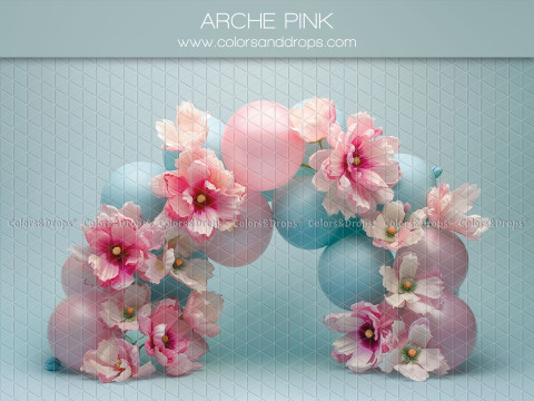 Fond photo bébé et smash cake Arche Pink – arche de ballons et fleurs roses sur fond bleu | Colors&Drops