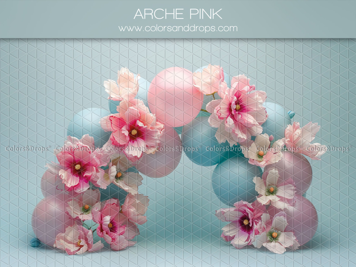 Fondo fotográfico de bebé y smash cake Arche Pink – arco de globos y flores rosas sobre fondo azul | Colors&Drops