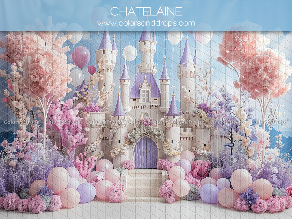 Fond photo bébé et smash cake Chatelaine – château de princesse avec ballons et arbres roses | Colors&Drops