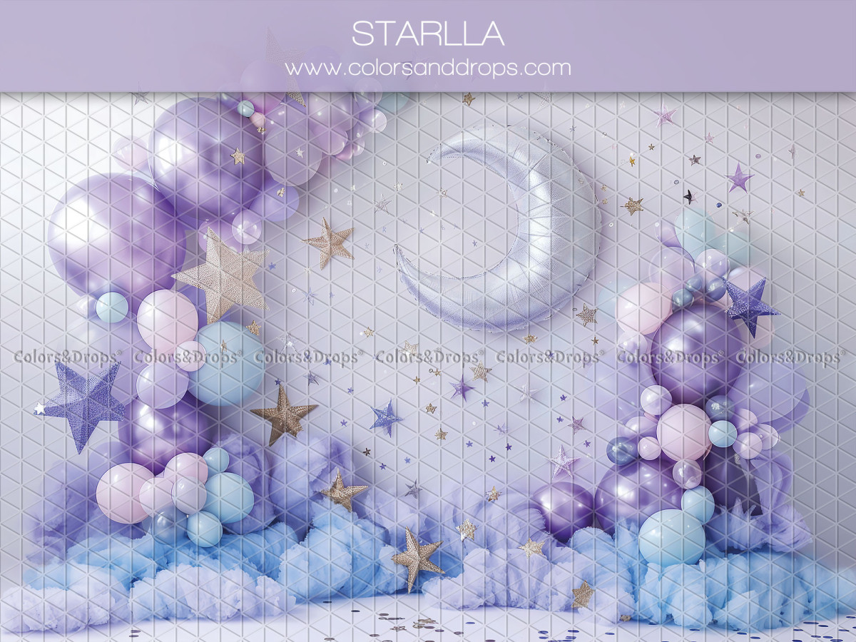 Baby & cake smash photo backdrop Starlla – moon and purple balloons with stars and clouds | Colors&Drops