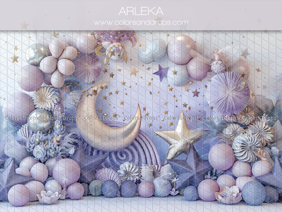 Baby & cake smash photo backdrop Arleka – golden moon with lilac balloons and paper fans | Colors&Drops