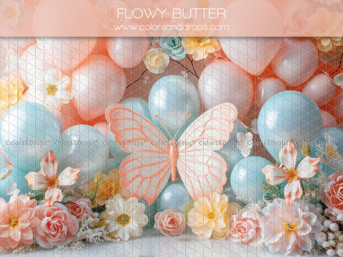 Fondo fotográfico de bebé y smash cake Flowy Butter – mariposa gigante con globos pastel y flores | Colors&Drops