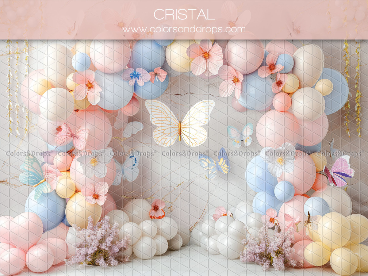 Baby & cake smash photo backdrop Cristal – pastel balloon arch with butterflies and flowers | Colors&Drops