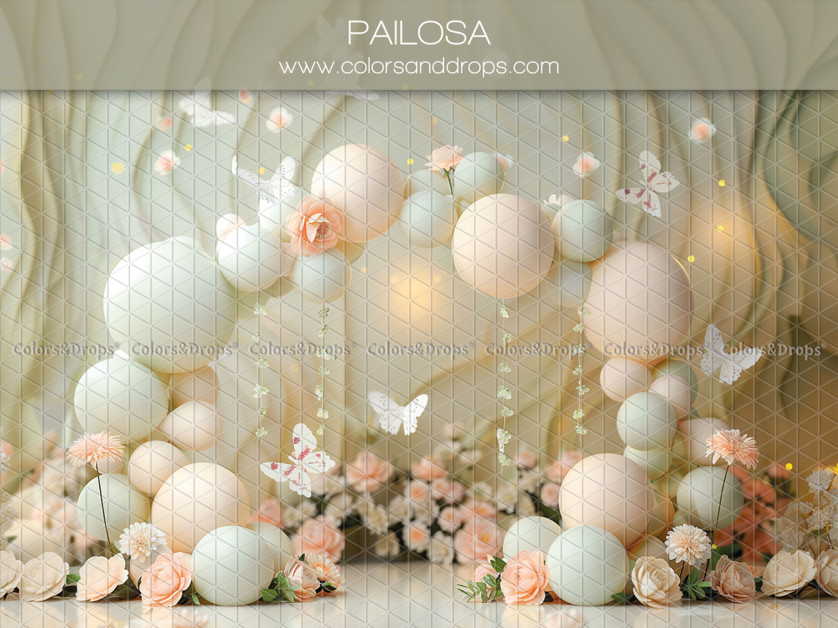 Baby & cake smash photo backdrop Pailosa – pastel balloons with butterflies and sage drape | Colors&Drops