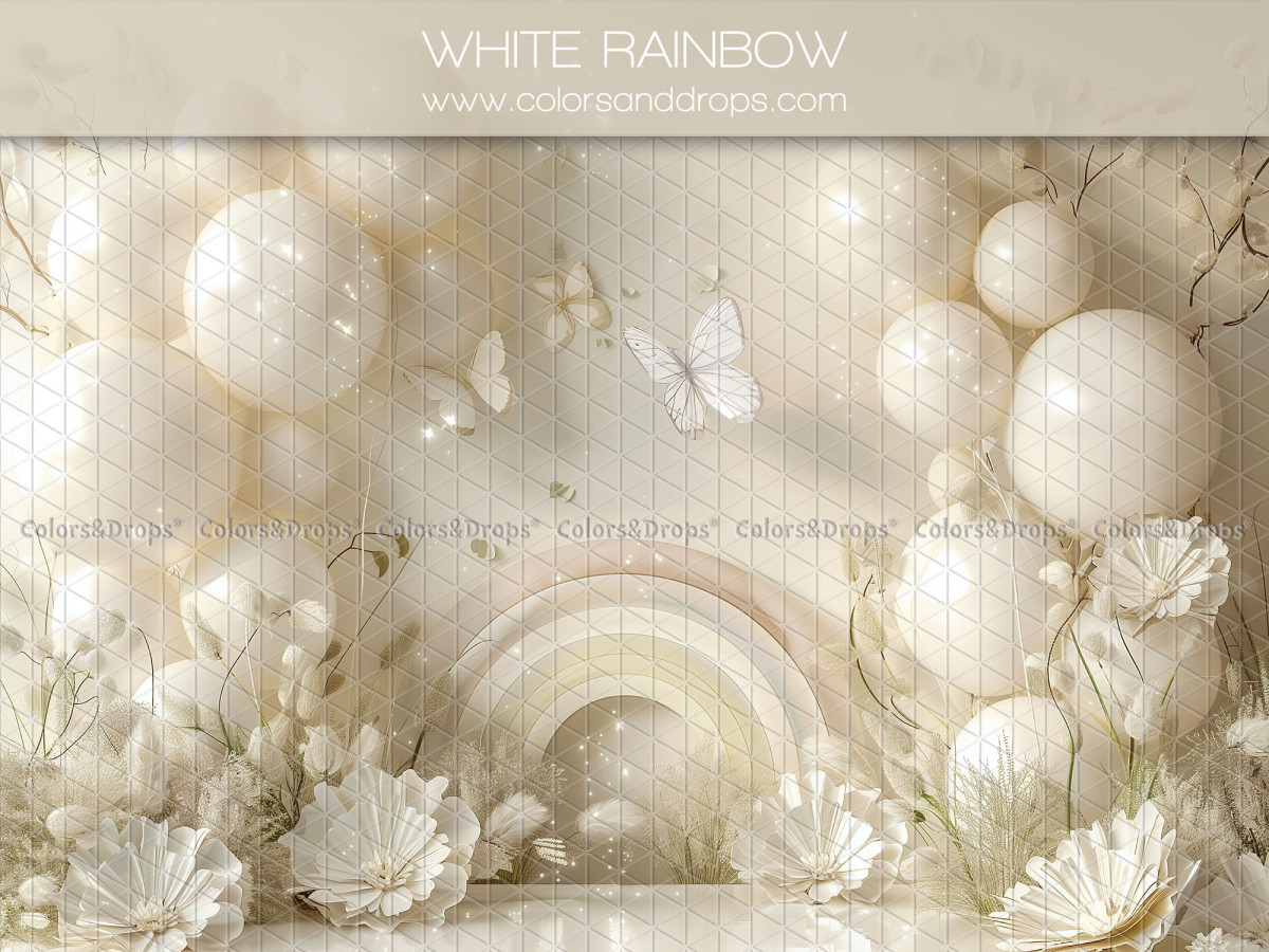 Baby & cake smash photo backdrop White Rainbow – white rainbow with cream balloons and white flowers | Colors&Drops