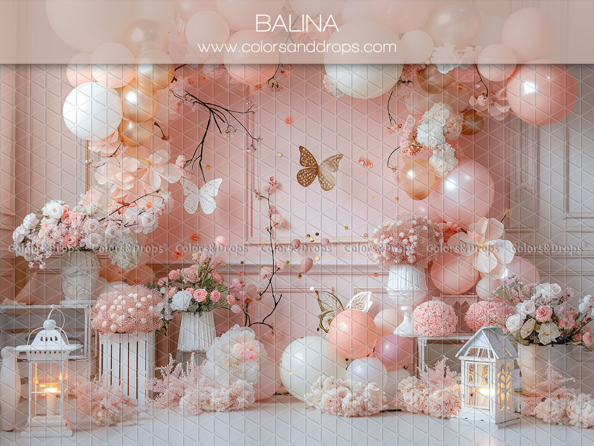 Baby & cake smash photo backdrop Balina – pink balloons and flowers with lanterns and butterflies | Colors&Drops
