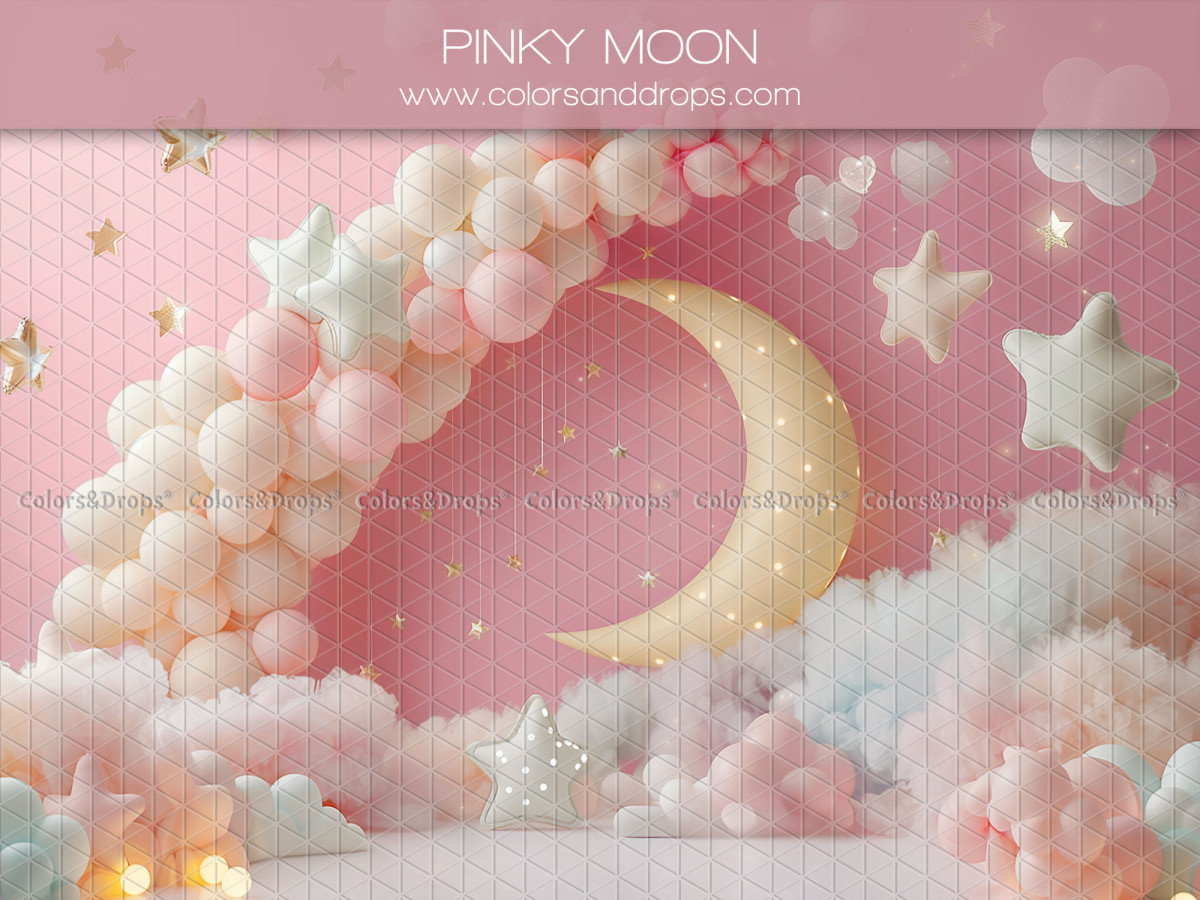 Baby & cake smash photo backdrop Pinky Moon – golden moon with balloon arch and pink clouds | Colors&Drops