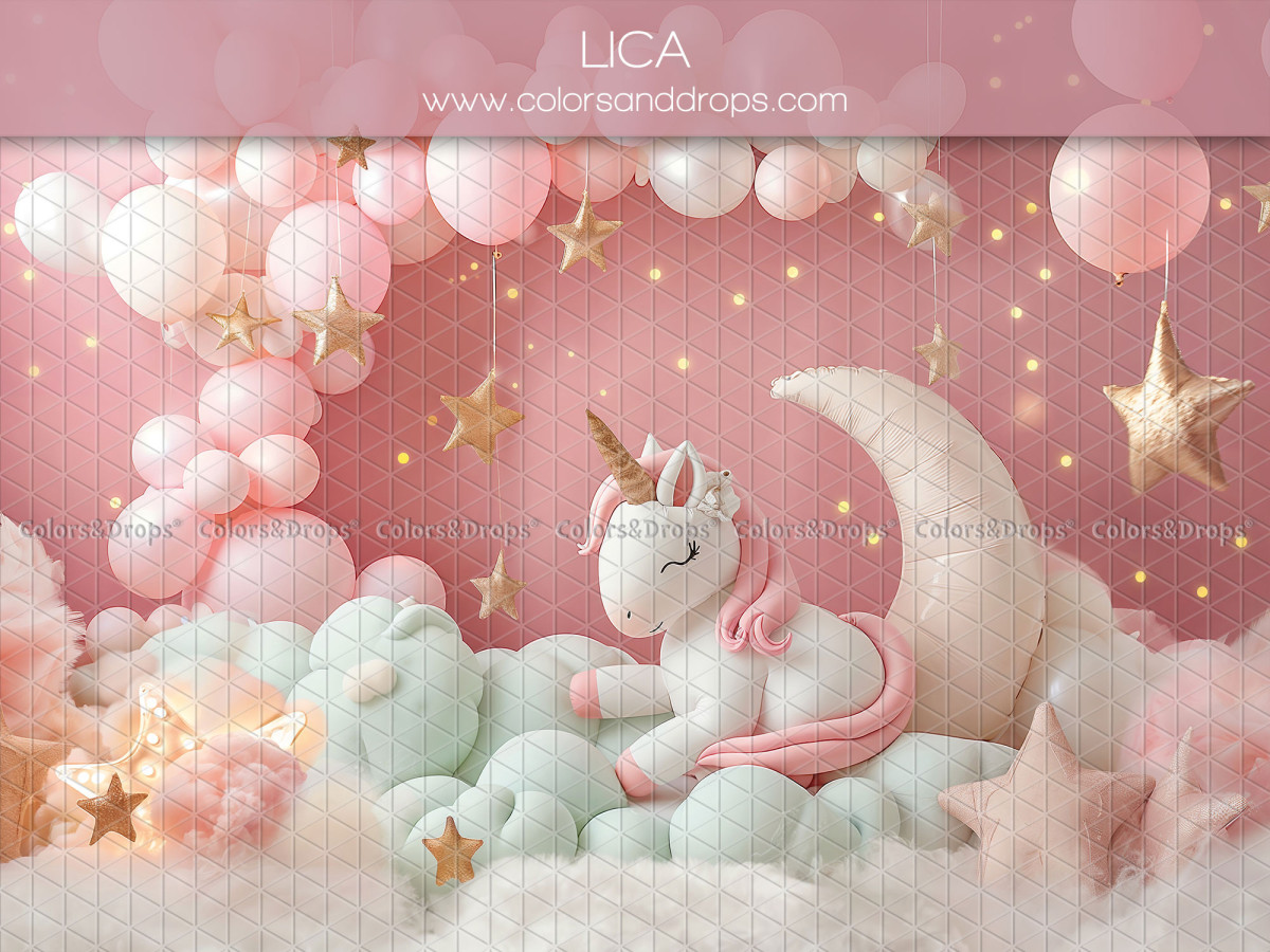 Fond photo bébé et smash cake Lica – licorne endormie sur la lune avec ballons roses | Colors&Drops