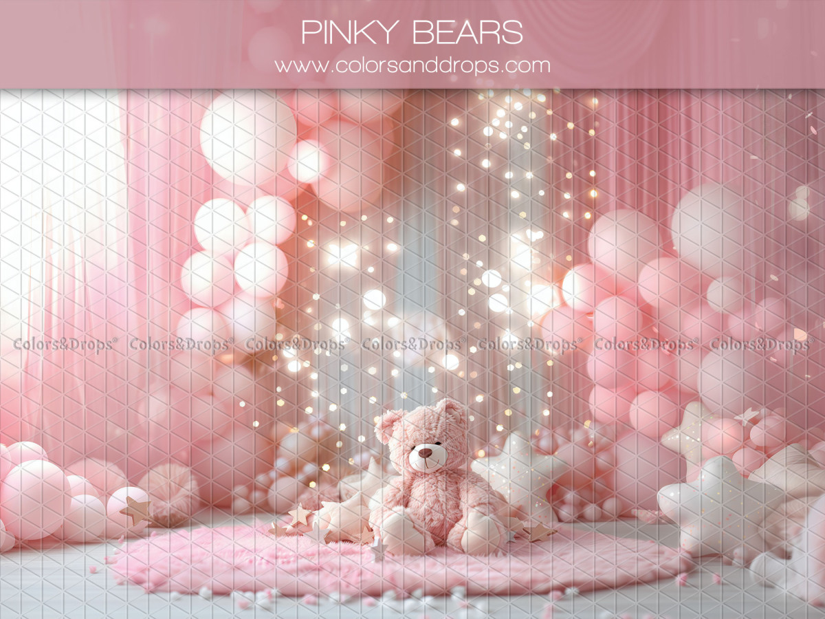 Baby & cake smash photo backdrop Pinky Bears – pink teddy bear with balloons and sparkling curtains | Colors&Drops