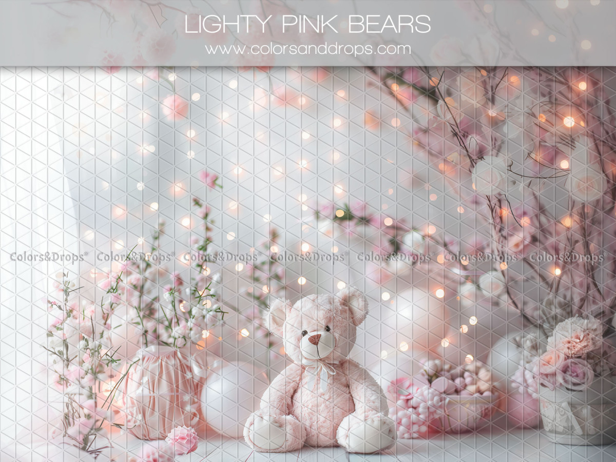 Baby & cake smash photo backdrop Lighty Pink Bears – white teddy bear with pink blossom branches | Colors&Drops