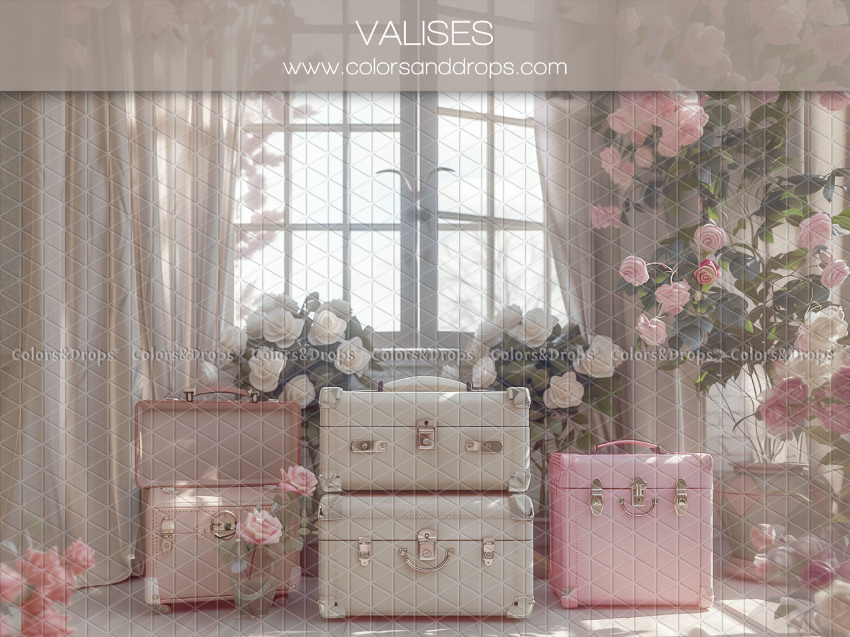 Fond photo bébé et smash cake Valises – valises vintage roses et blanches devant une fenêtre | Colors&Drops