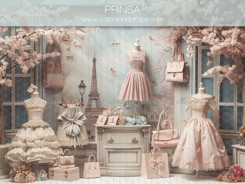Fond photo bébé et smash cake Prinsa – boutique parisienne avec robes, sacs et tour Eiffel | Colors&Drops