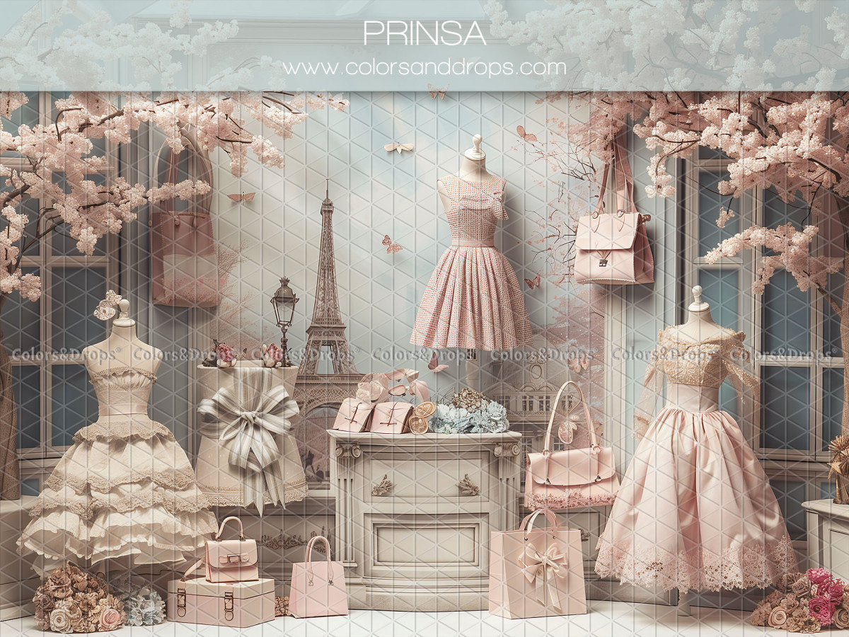 Fond photo bébé et smash cake Prinsa – boutique parisienne avec robes, sacs et tour Eiffel | Colors&Drops