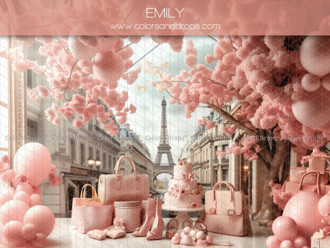 Fond photo bébé et smash cake Emily – rue parisienne fleurie avec tour Eiffel et ballons roses | Colors&Drops