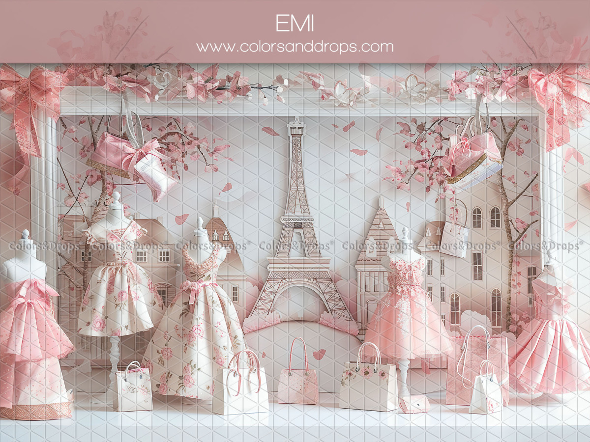 Fond photo bébé et smash cake Emi – vitrine parisienne avec robes roses et tour Eiffel | Colors&Drops