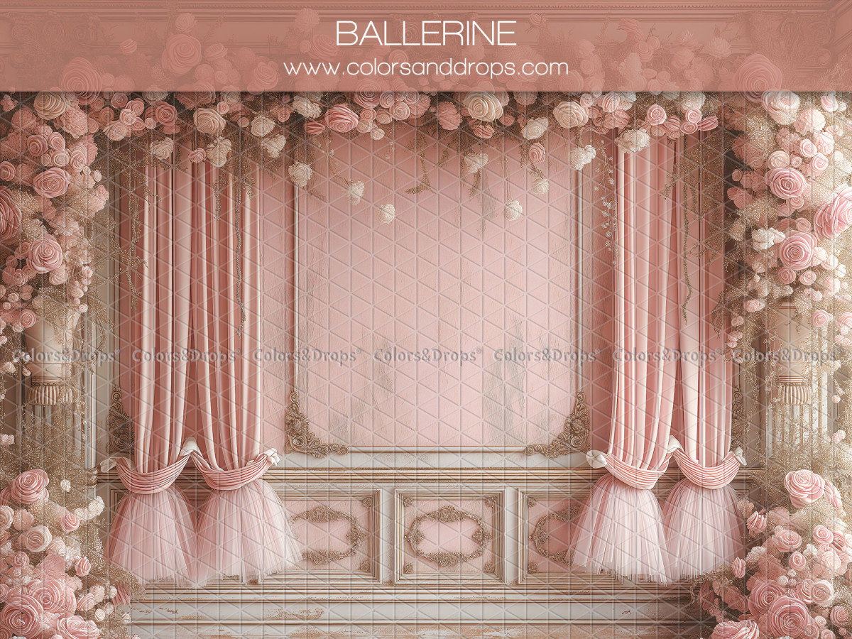 Fond photo bébé et smash cake Ballerine – scène de ballerine avec rideaux roses et tutus | Colors&Drops