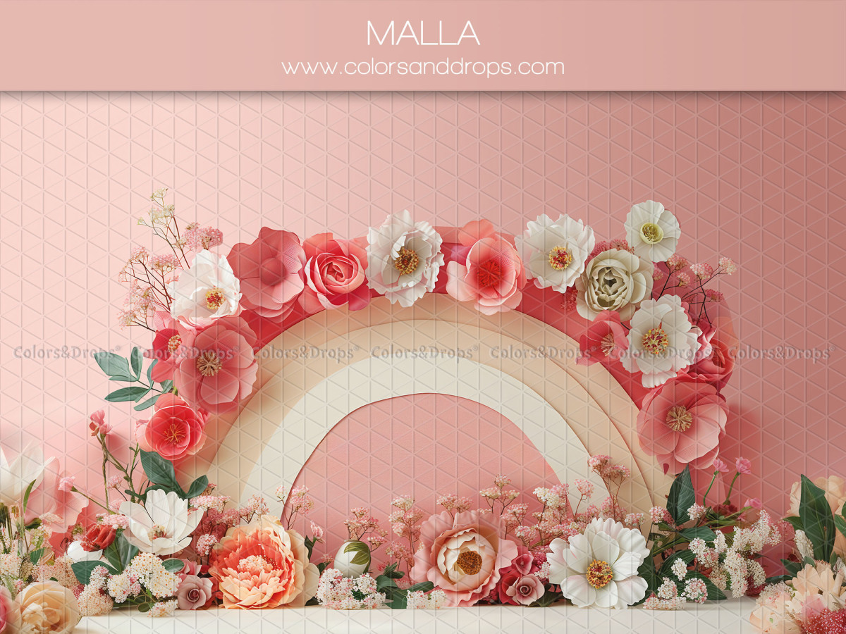 Fond photo bébé et smash cake Malla – arc-en-ciel crème entouré de fleurs roses et rouges | Colors&Drops