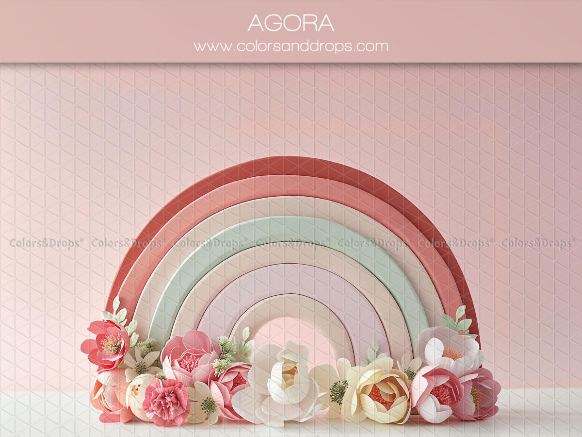 Baby & cake smash photo backdrop Agora – pastel rainbow with flowers at its base | Colors&Drops