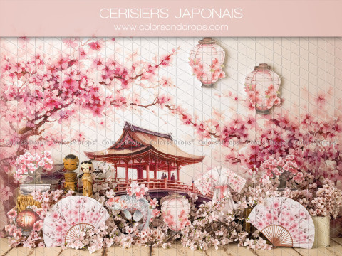 Fond photo bébé et smash cake Cerisiers Japonais – temple japonais avec cerisiers en fleurs et éventails | Colors&Drops