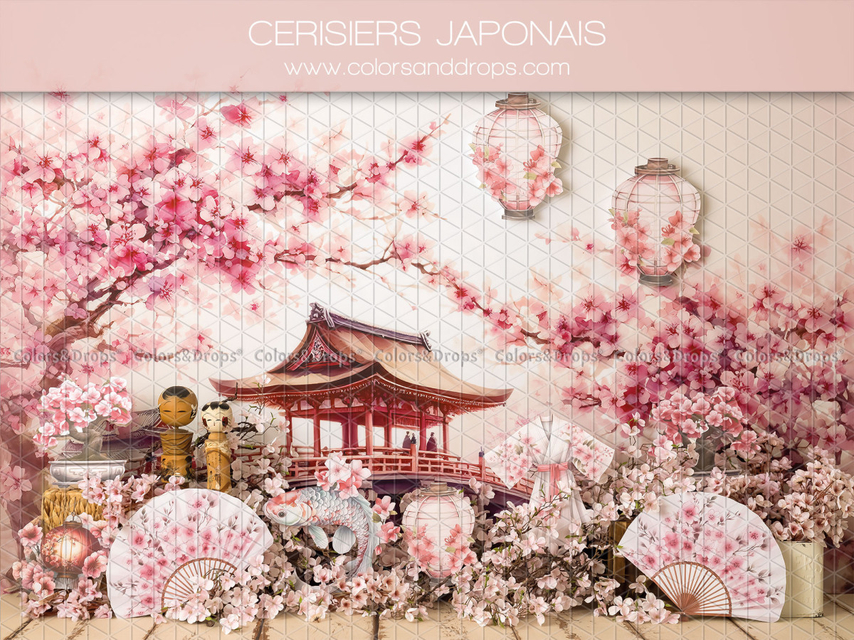 Fond photo bébé et smash cake Cerisiers Japonais – temple japonais avec cerisiers en fleurs et éventails | Colors&Drops