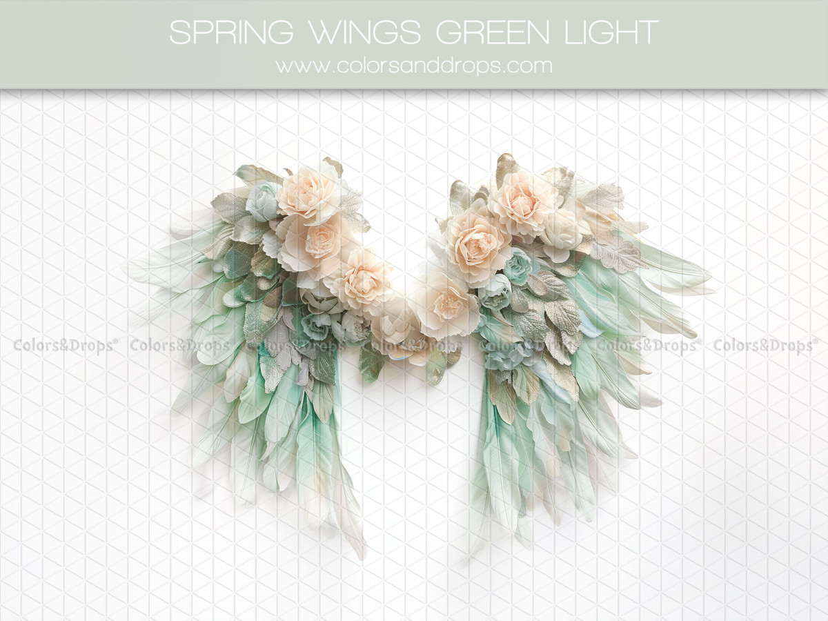Fond photo grossesse et portrait Spring Wings Green Light – ailes de plumes vert clair et fleurs crème | Colors&Drops